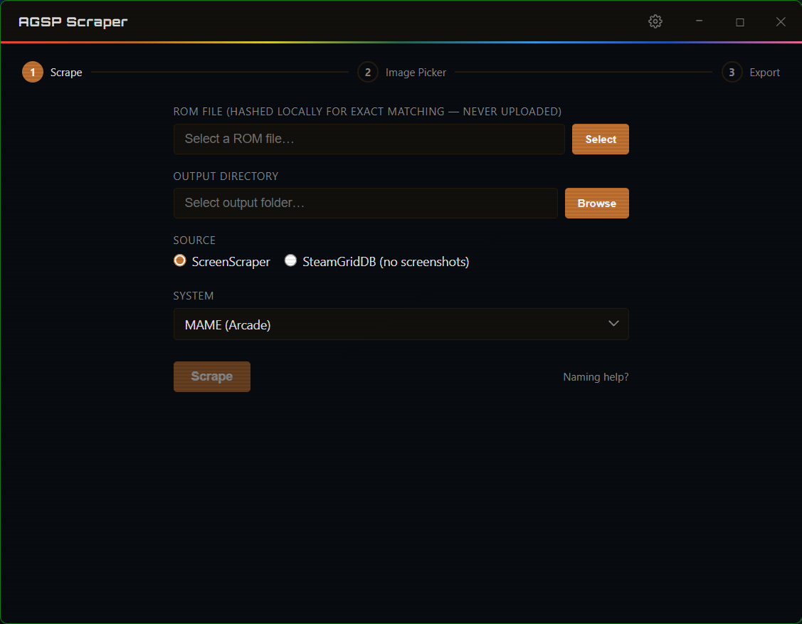 Scrape view — select a ROM file, output folder, and art source